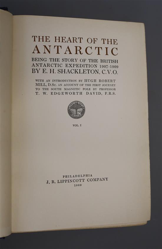 Shackleton, Ernest Henry, Sir - The Heart of the Antarctic, 1st edition, 2 vols, qto, original blue cloth, with two frontises, 3 folded